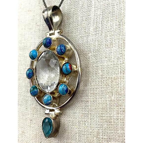 VTG 925 Silver Blue Clear Pendant Italy Chain Necklace Cluster 18" - Picture 7 of 16